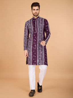 Odette - Wine Viscose Rayon Embroidered Stitched Kurta For Men
