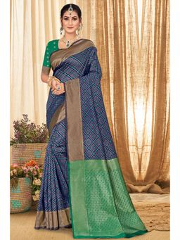 EXCLUSIVA - Navy Blue Banarasi Saree with Unstitched Blouse