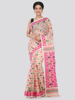PinkLoom - Women's Soft Cotton Jamdani Saree Without Blouse Piece,Beige