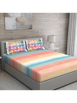 GM - Orange And Sage Green Abstract 150 Tc Cotton Queen Bedsheet With 2 Pillow Covers