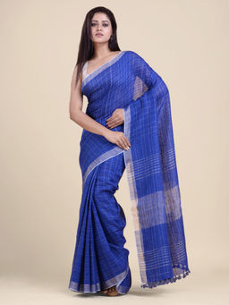 CHARUKRITI - Beige Blue Checked Pure Linen Saree with Unstitched Blouse