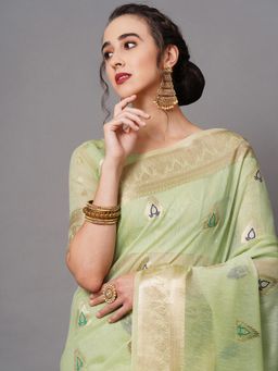 Sareemall - Green Festive Silk Blend Woven Design Saree with Unstitched