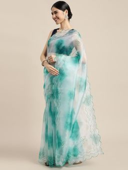 Vastranand - Blue Tie And Dye Embroidered Organza Saree with Unstitched Blouse