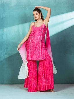 MANDIRA WIRK - Fuschia Pink Chanderi Kurta Sharara (Set of 3)