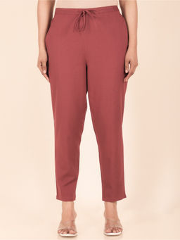 ARAMYA - Women Maroon Linen Cotton Solid Pant