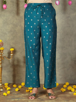 ARAMYA - Women Blue Roman Silk Gold Foil Pant