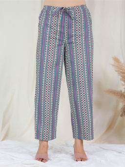 ARAMYA - Women Blue Soft Cotton Striped Pant