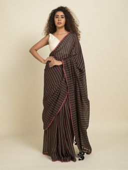 Suta - Yellow and Pink Stripes On Black Cotton Saree