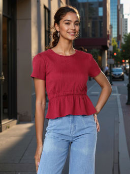Freehand - Women Fit and Flare Textured Round Neck Peplum Top