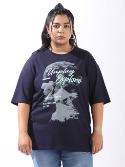 High Star - Women Plus Printed Oversized Round Neck Half Sleeves T-shirt