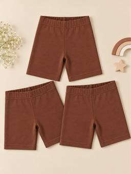 KiddoPanti - Girls Brown Cotton Solid Cycling Shorts (Pack of 3)