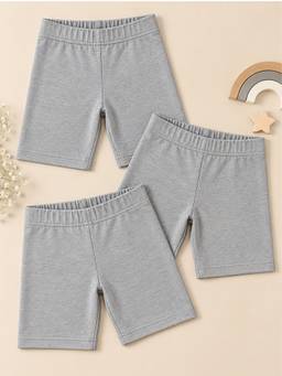 KiddoPanti - Girls Grey Cotton Solid Cycling Shorts (Pack of 3)