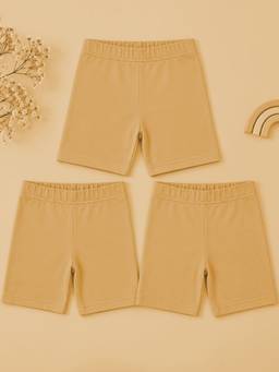 KiddoPanti - Girls Beige Cotton Solid Cycling Shorts (Pack of 3)