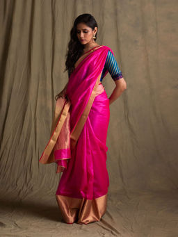 PRIYANKA RAAJIV - Lopa Fuschia Pink Silk Chanderi Saree with Unstitched Blouse