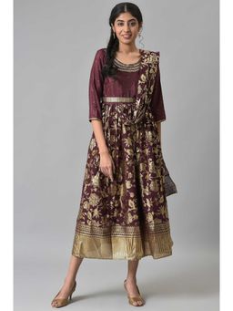 Aurelia - Wine Poly Shantung Printed Saree Dress