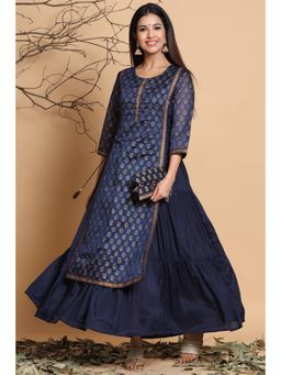 Juniper - Navy Blue Printed Long Kurta With Purse (Set Of 2)