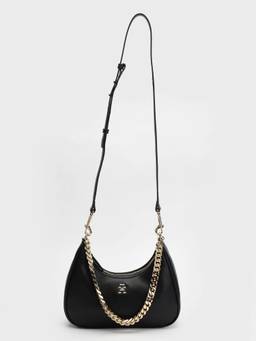 Tommy Hilfiger - Solid Black Pu Hobo Bag with Detachable Strap