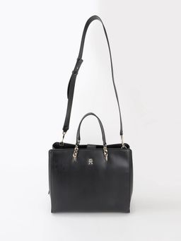 Tommy Hilfiger - Solid Black Pu Tote Bag with Detachable Strap