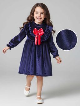 Mark & Mia - Knee Length Dress With Lace Detailing And Bow Applique - Navy Blue