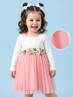 Mark & Mia - Full Sleeves Party Mini Dress With Floral Applique - Pink And White