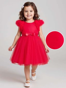 Mark & Mia - Frill Sleeves Solid Knee Length Dress With Bow Applique - Red