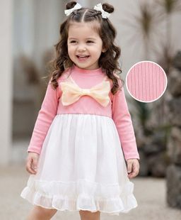 Mark & Mia - Full Sleeves Party Mini Dress With Bow Applique - Pink And White