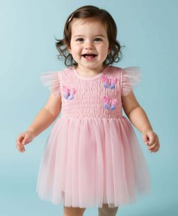 Mark & Mia - Pink Onesie Dress With Ribbed Yoke And Butterfly Applique