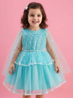 Mark & Mia - Cape Sleeves Knee Length Dress With Floral Lace Detailing - Sea Green