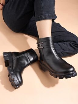 Shoetopia - Smart Casual Side Buckle Detailed Black Boots for Women