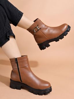 Shoetopia - Smart Casual Side Buckle Detailed Tan Boots for Women