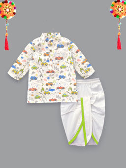 A.T.U.N. - White Car Printed Kurta & Dhoti (Set of 2)