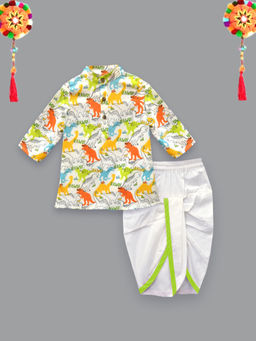 A.T.U.N. - White Dinosaur Printed Kurta & Dhoti (Set of 2)