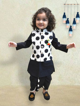 A.T.U.N. - Boys Black White & Black Polka Dots Dhoti Kurta with Jacket (Set of 3)