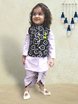 A.T.U.N. - Boys Lavender Black Floral Dhoti Kurta with Jacket (Set of 3)