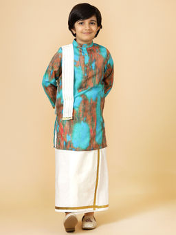 A.T.U.N. - Boys Blue Printed Kurta & Elasticated Mundu with Shorts & Dupatta (Set of 3)