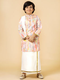A.T.U.N. - Boys Peach Printed Kurta & Elasticated Mundu with Shorts & Dupatta (Set of 3)