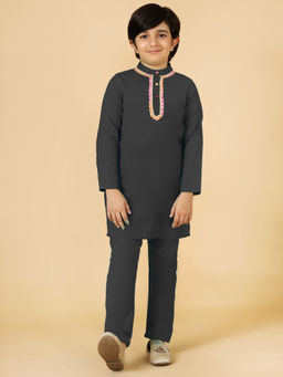 A.T.U.N. - Boys Black Woven Linen Gota Patti Kurta & Pyjama (Set of 2)