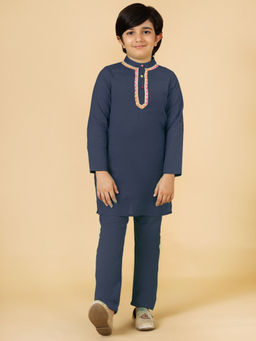 A.T.U.N. - Boys Navy Blue Woven Linen Gota Patti Kurta & Pyjama (Set of 2)