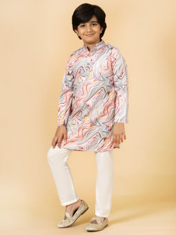 A.T.U.N. - Boys Peach Abstract Print Kurta & Pyjama (Set of 2)