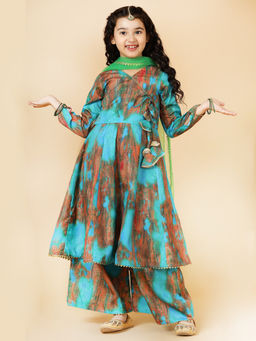 A.T.U.N. - Girls Teal Brown Printed Anarkali Palazzo (Set of 3)