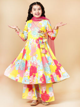 A.T.U.N. - Girls Yellow Floral Anarkali Palazzo (Set of 3)