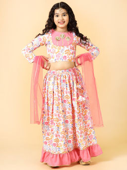 A.T.U.N. - Girls Rouge Pink Floral Lehenga Choli with Dupatta (Set of 3)