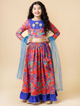 A.T.U.N. - Girls Red & Blue Printed Lehenga Choli with Dupatta (Set of 3)