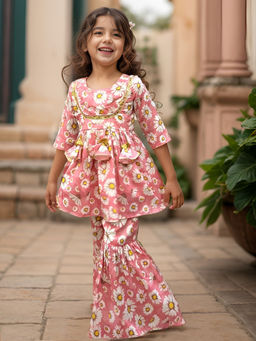 A.T.U.N. - Girls Pink Floral Regular Gotta Patti Kurta with Sharara (Set of 2)