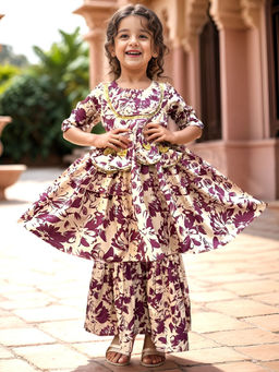 A.T.U.N. - Girls Cream Floral Regular Gotta Patti Kurta with Sharara (Set of 2)