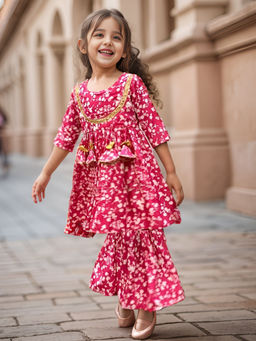 A.T.U.N. - Girls Pink Floral Regular Gotta Patti Kurta with Sharara (Set of 2)