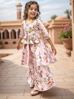 A.T.U.N. - Girls Cream Floral Regular Gotta Patti Kurta with Sharara (Set of 2)