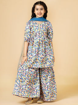 A.T.U.N. - Turquoise Abstract Printed Kurta & Sharara with Dupatta (Set of 3)