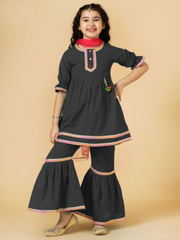 A.T.U.N. - Girls Black Woven Kurta & Sharara with Dupatta (Set of 3)