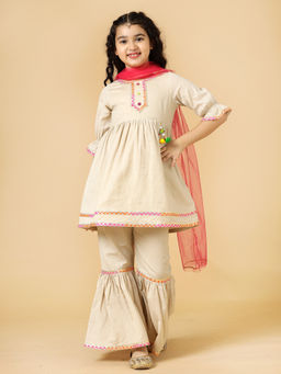 A.T.U.N. - Girls Cream Woven Kurta & Sharara with Dupatta (Set of 3)